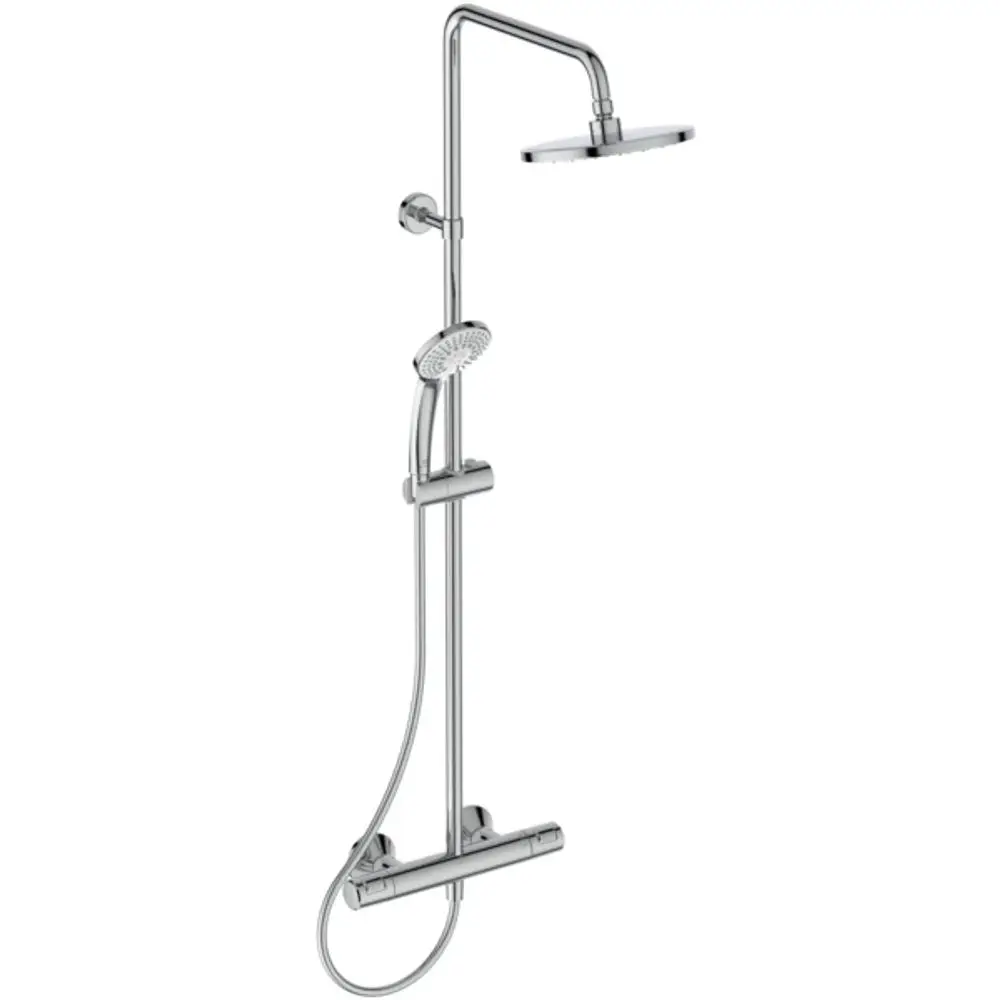 Duschsystem der Marke Ideal Standard mit einem Brausethermostat in Chromfarbe. Es verfügt über eine Hauptbrause und eine separate Handbrause mit flexibler Schlauchmontage.